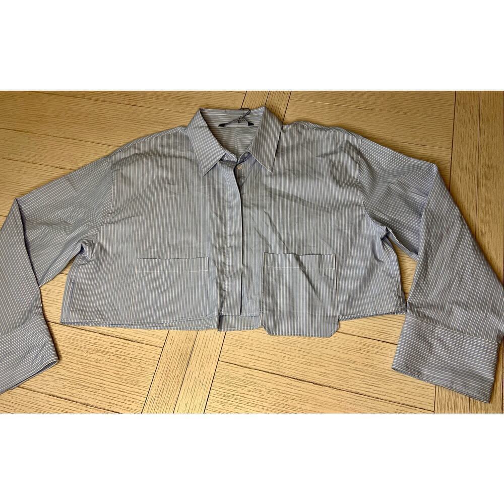 NWOT Zara blue pinstripe oversized cropped button down shirt, long sleeve. Sz XL